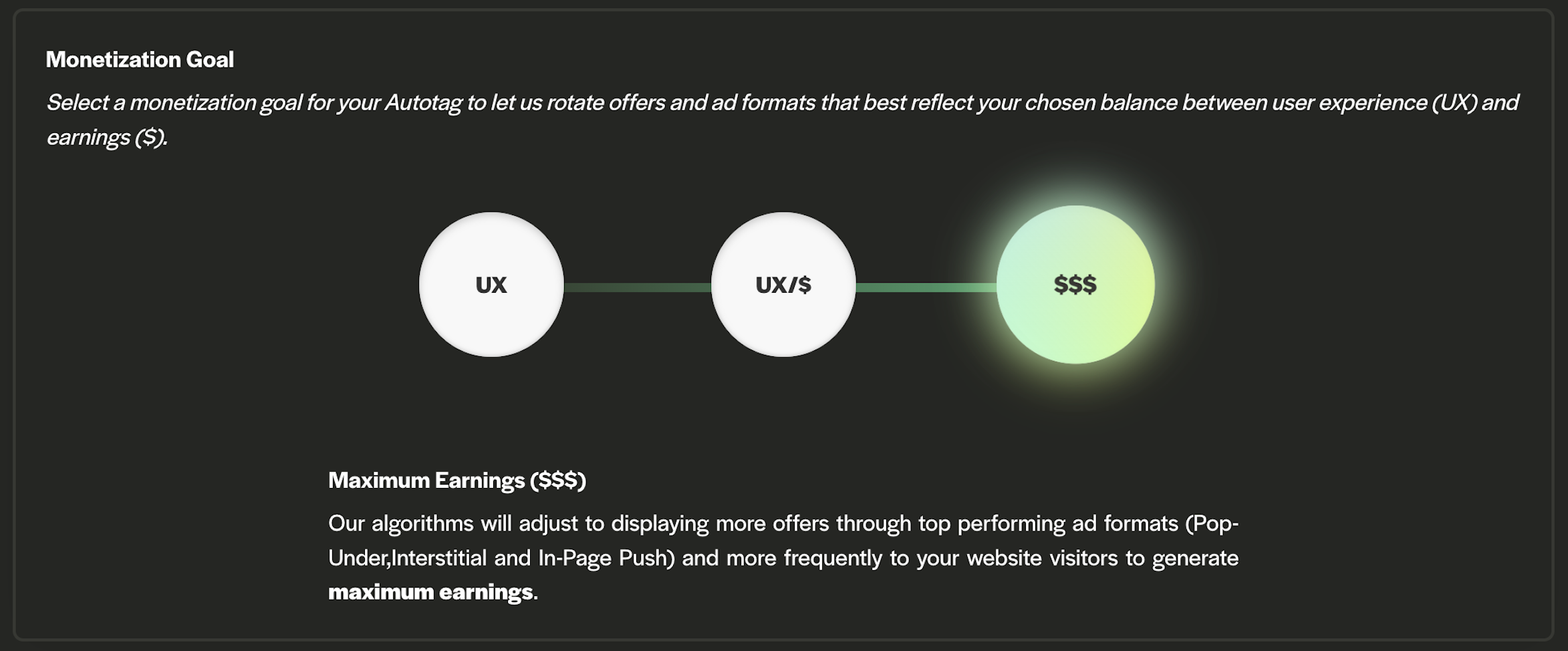 Example of how the autotag feature works, maximizing earnings on the right and maximizing ux in the left