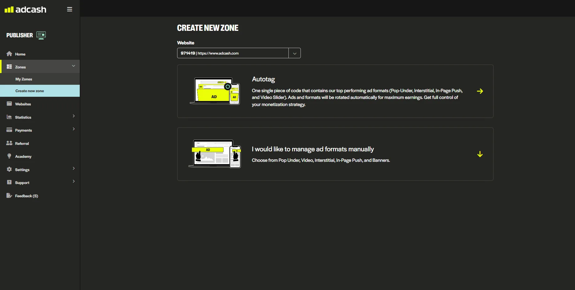 Adcash auto tag zones