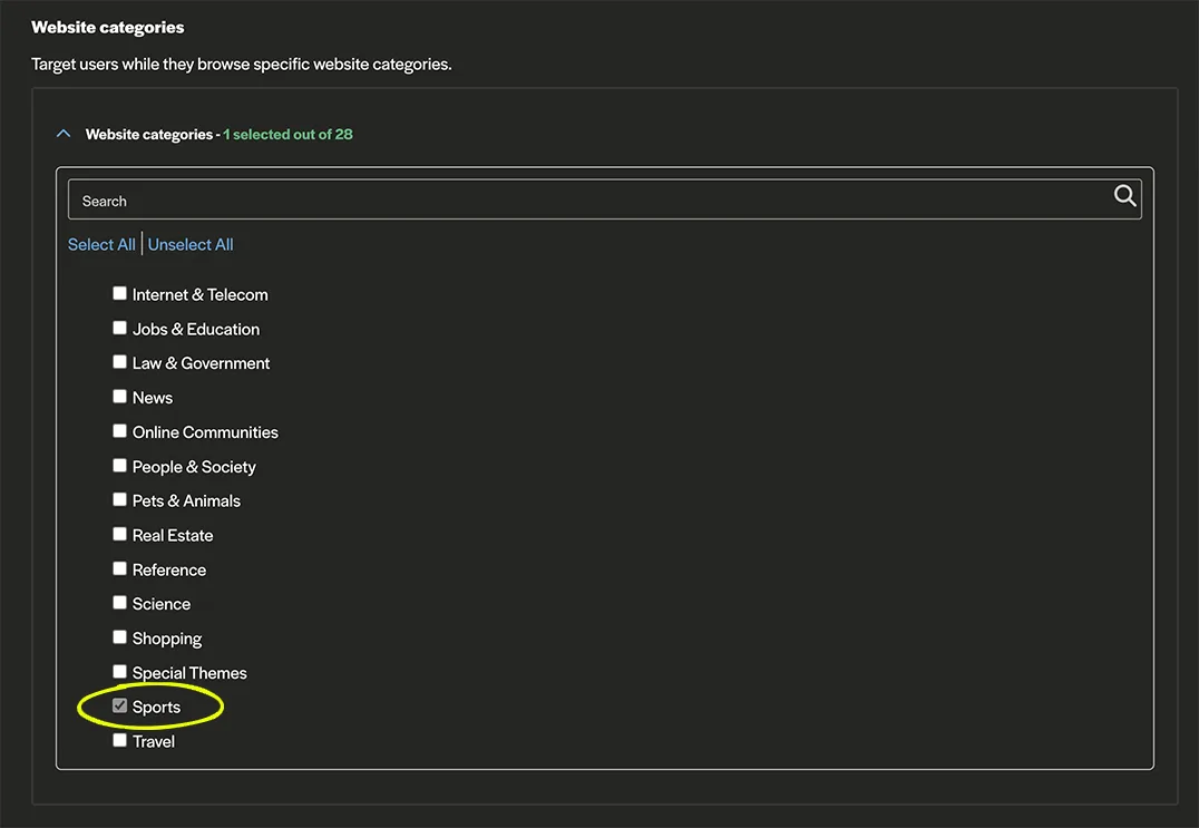 Screenshot showing a list of website categories to target with the Adcash platform