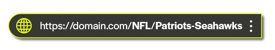 URL example in black background and neon green surrounding that says https://domain.com/NFL/Patriots-Seahawks